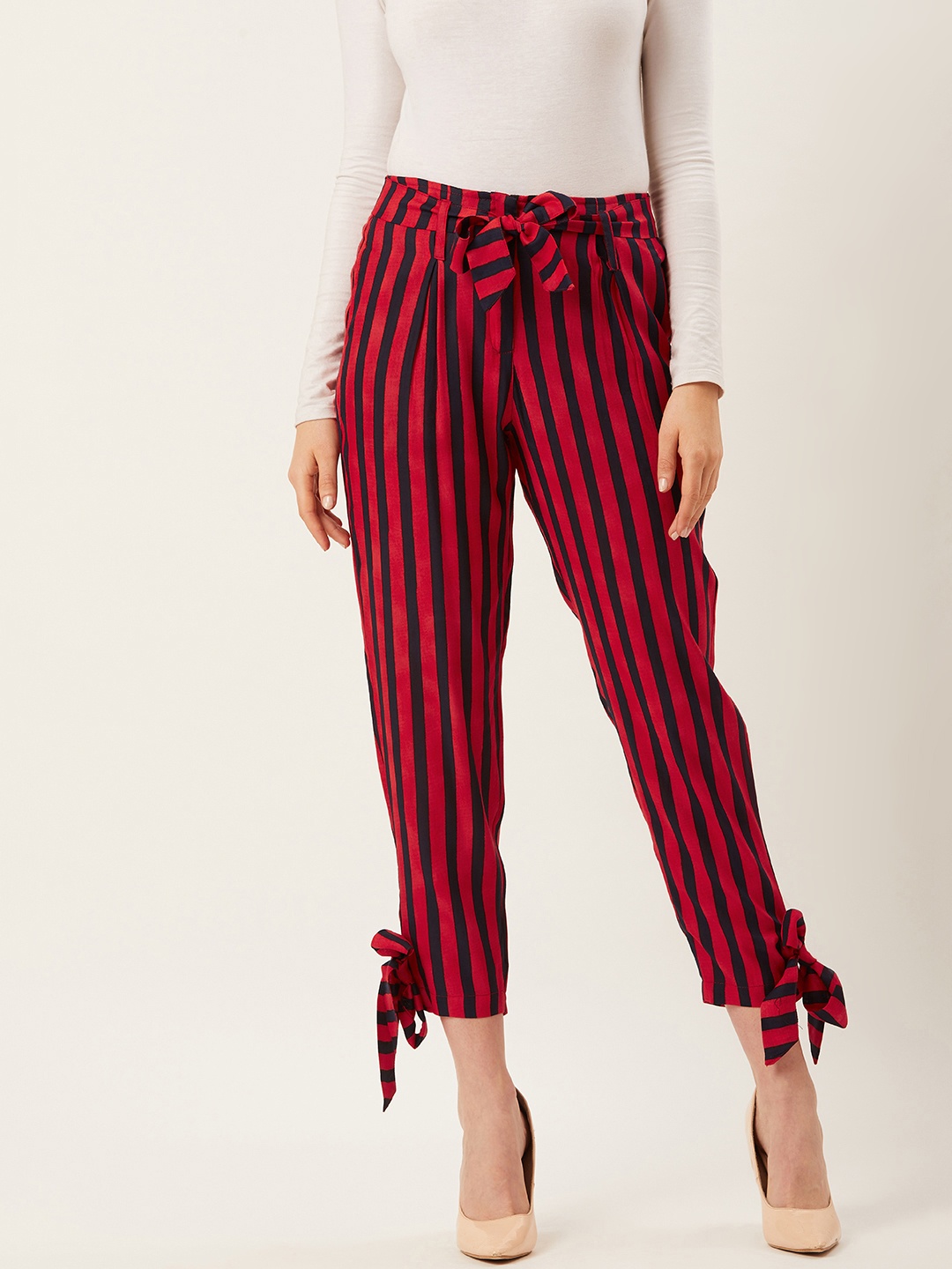 

Alsace Lorraine Paris Women Red & Navy Blue Regular Fit Striped Cropped Trousers
