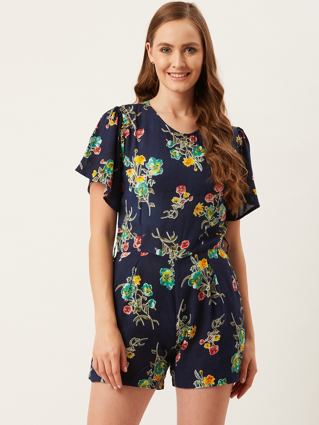 

Alsace Lorraine Paris Women Navy Blue & Green Floral Print Playsuit