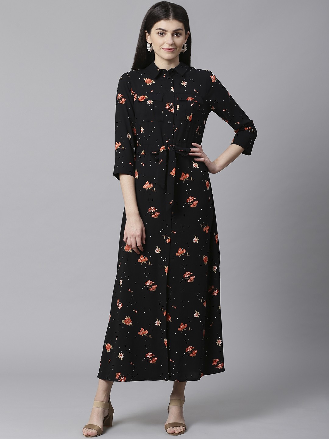 

DOROTHY PERKINS Women Black & Orange Floral Printed Maxi Dress