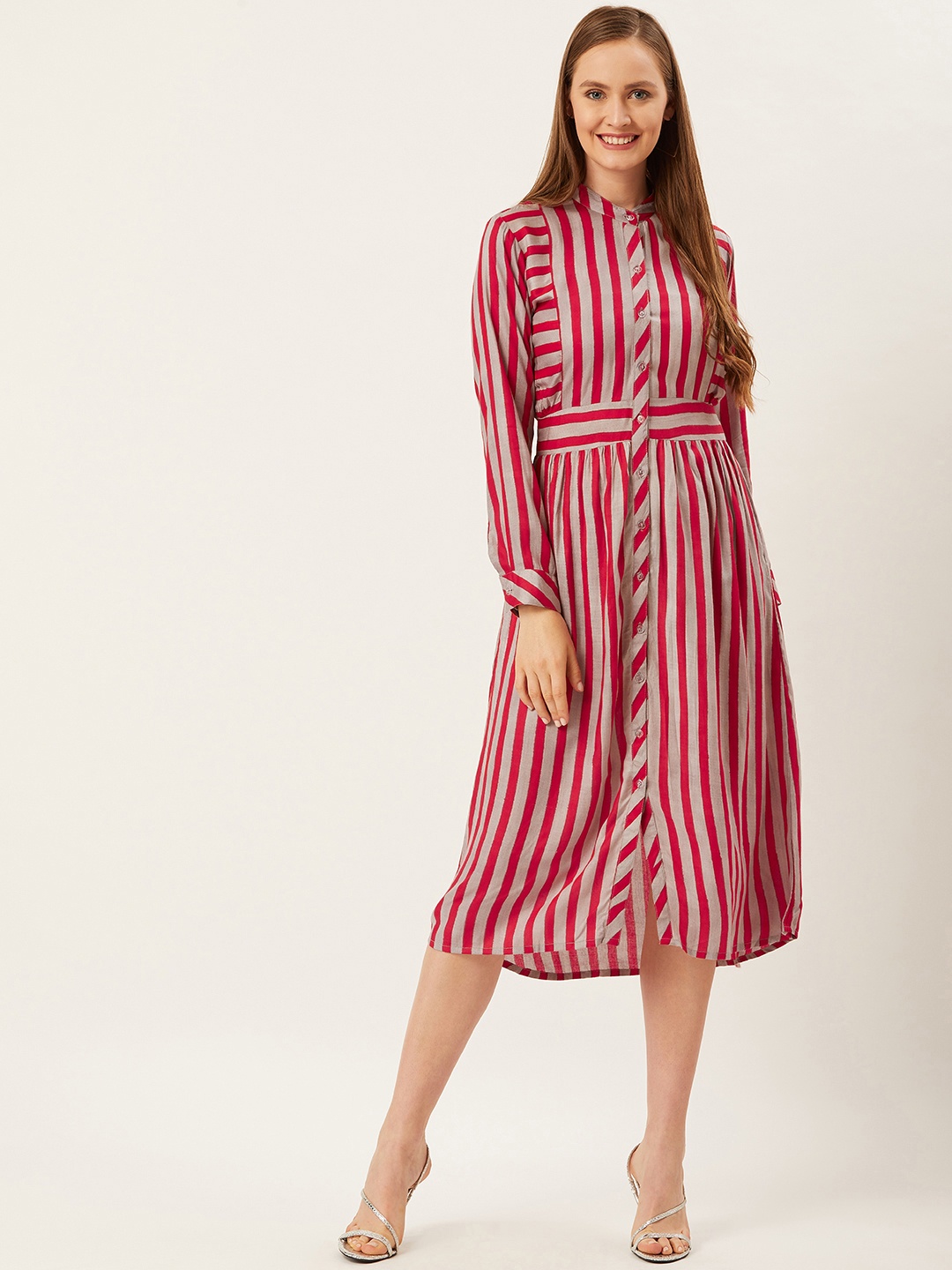 

Alsace Lorraine Paris Women Grey & Red Striped A-Line High-Low Dress