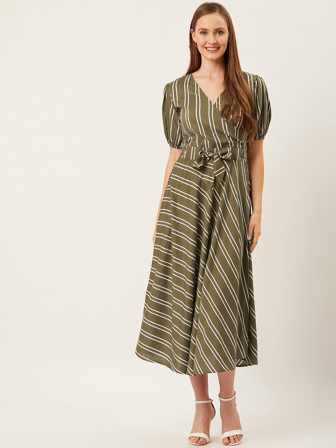 

Alsace Lorraine Paris Women Olive Green & white Striped Wrap Dress