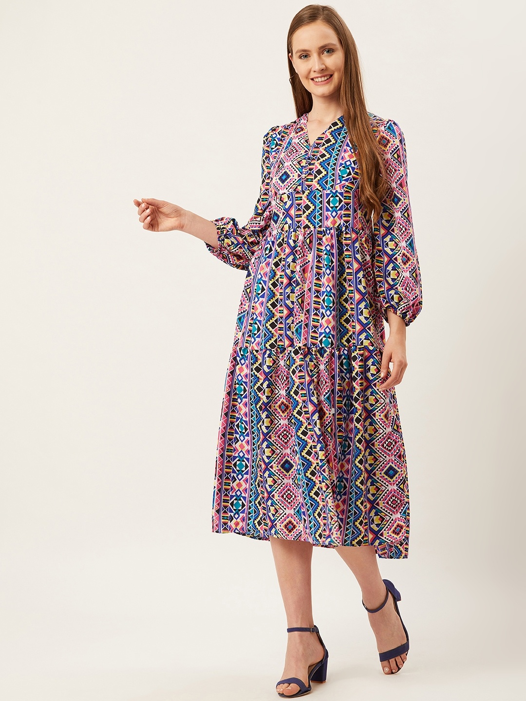 

Alsace Lorraine Paris Women Blue Printed A-Line Tiered Ethnic Dress