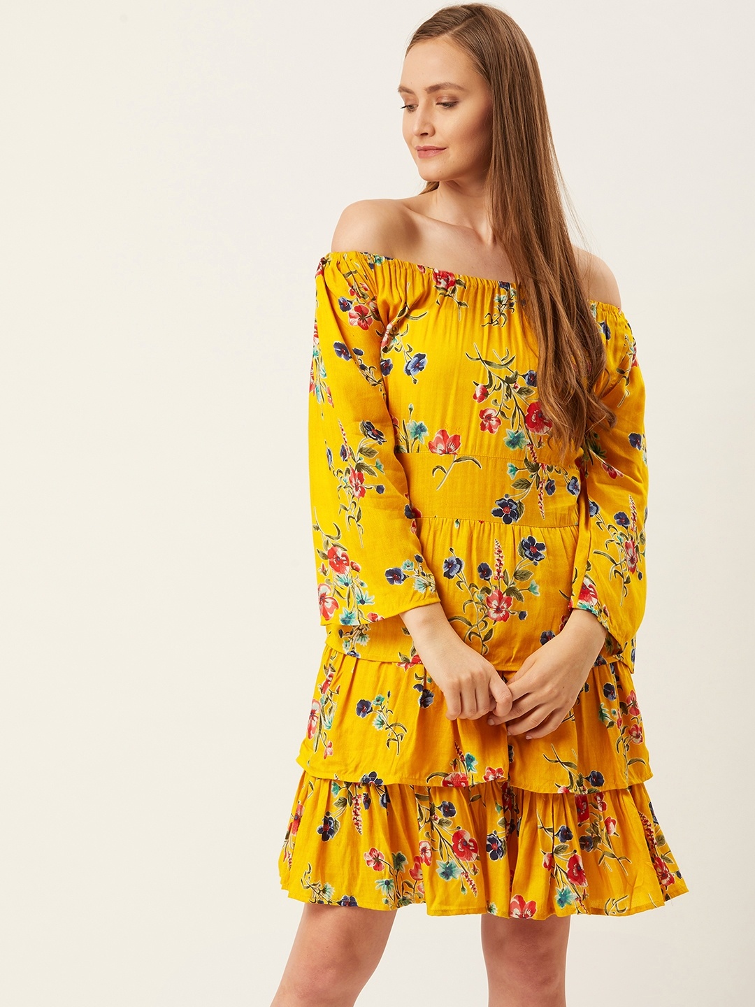 

Alsace Lorraine Paris Women Mustard Yellow & Red Printed A-Line Tiered Dress