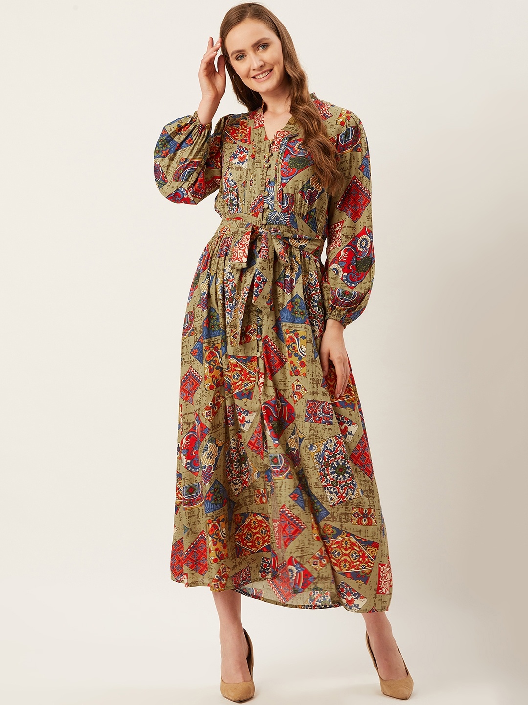 

Alsace Lorraine Paris Women Green & Red Printed Maxi Dress