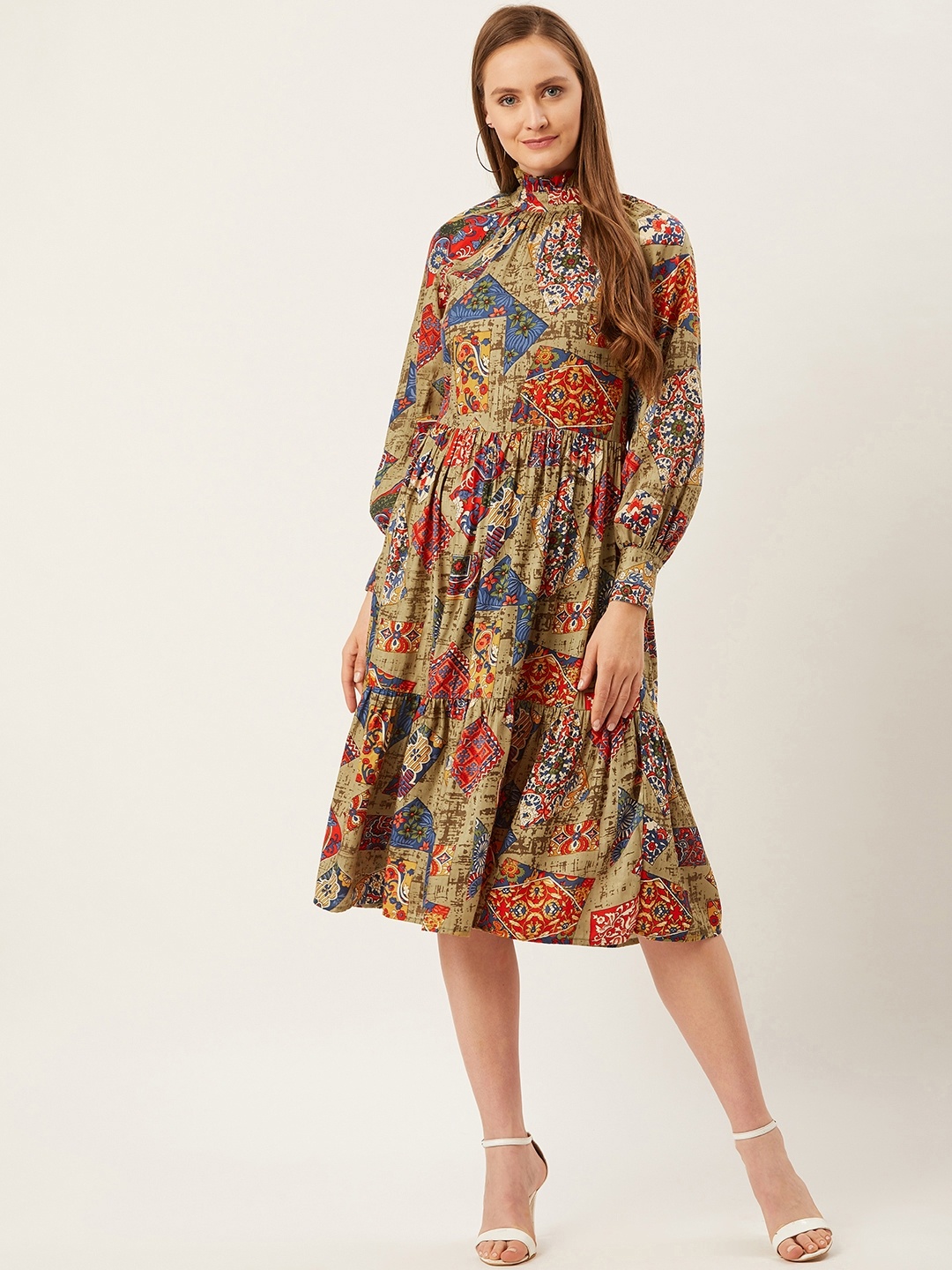 

Alsace Lorraine Paris Women Olive Green & Red Printed A-Line Tiered Dress