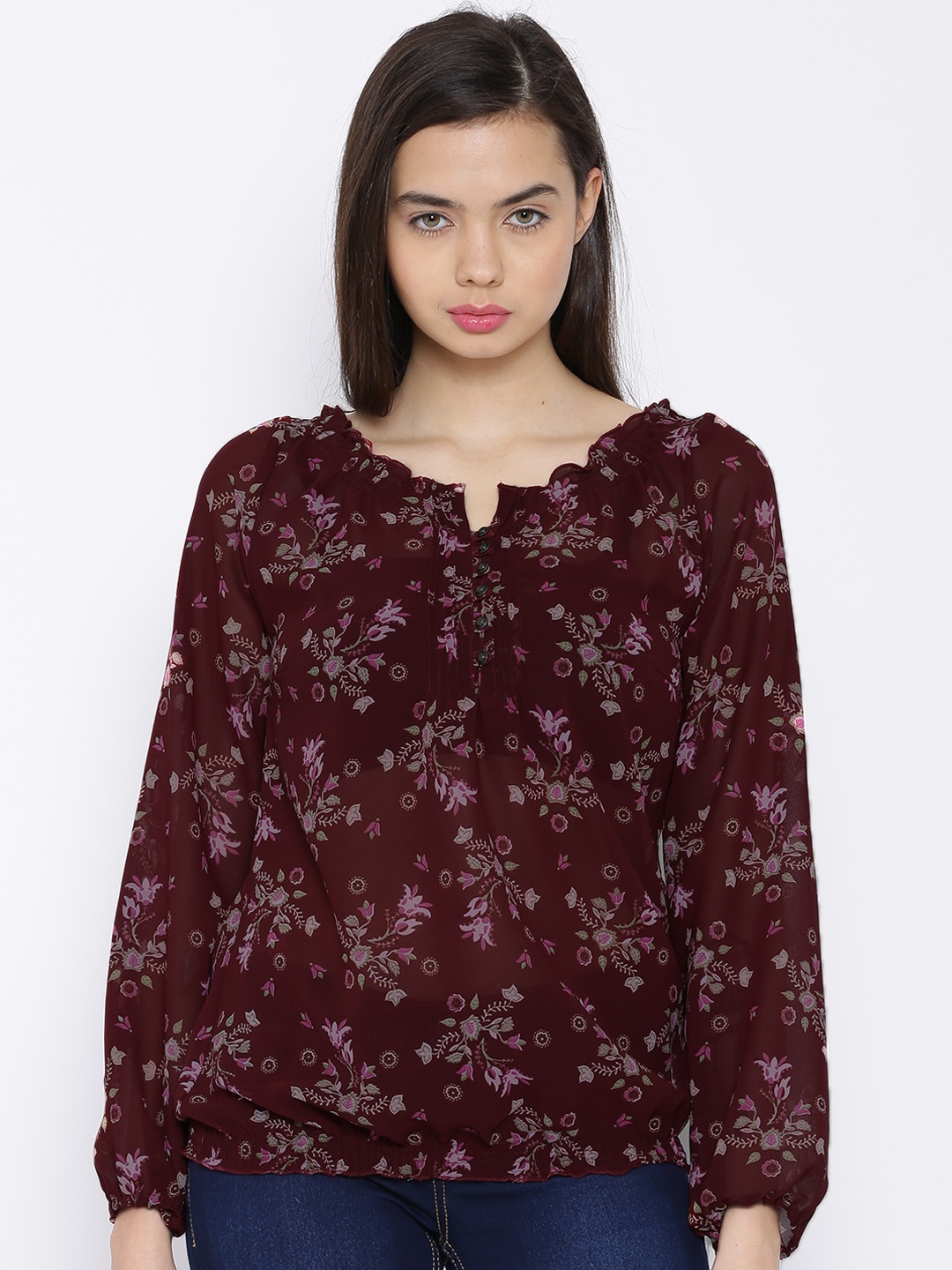 

Sera Maroon Printed Sheer Top