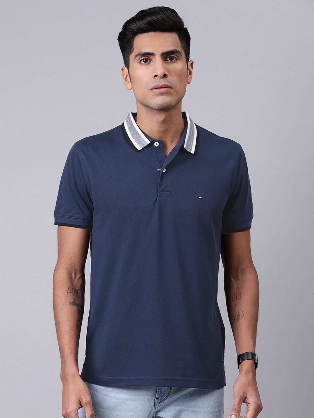 

Tommy Hilfiger Men Navy Blue Solid Polo Collar Pure Cotton T-shirt