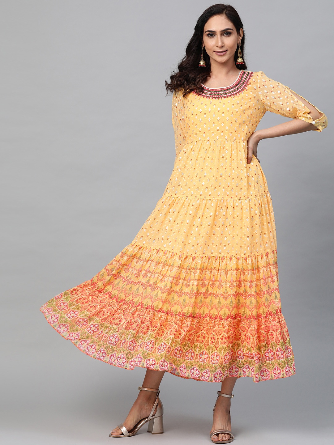 

AURELIA Women Yellow & Pink Layered Tiered Printed Maxi Dress
