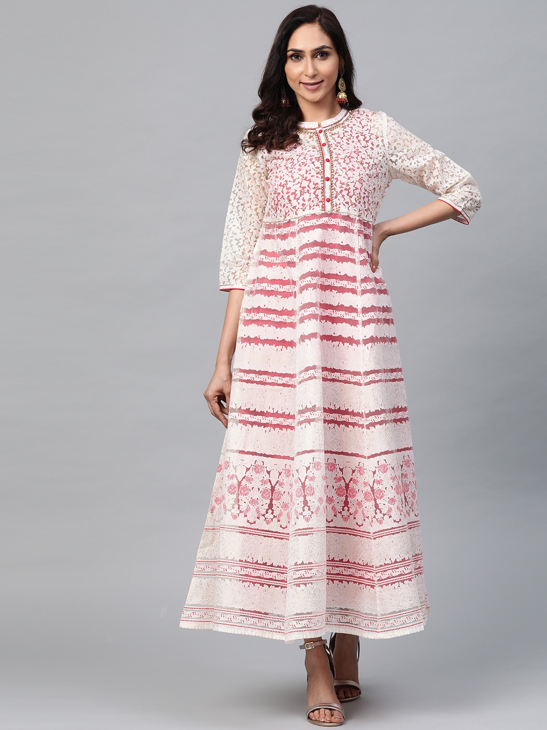 

AURELIA Women Layered Printed Maxi Cotton Dress, Off white