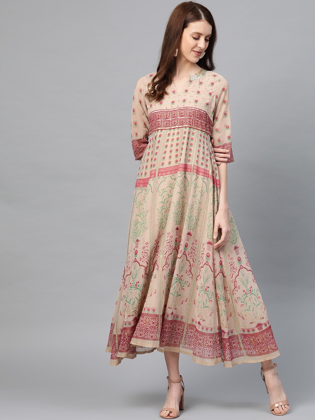 

AURELIA Beige & Pink Ethnic Motifs Printed Maxi Dress