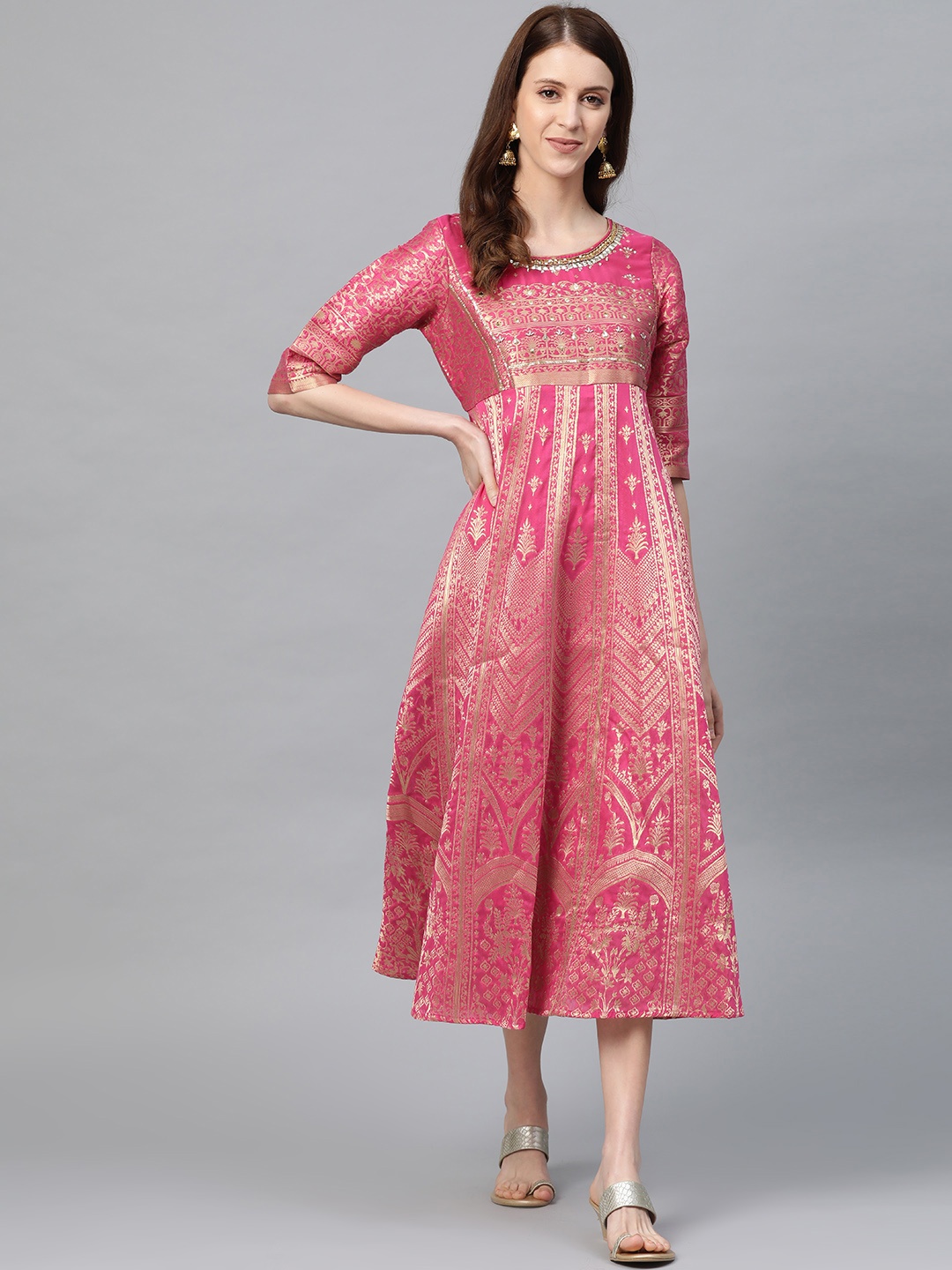 

AURELIA Pink & Golden Jacquard Zari Woven Design A-Line Dress