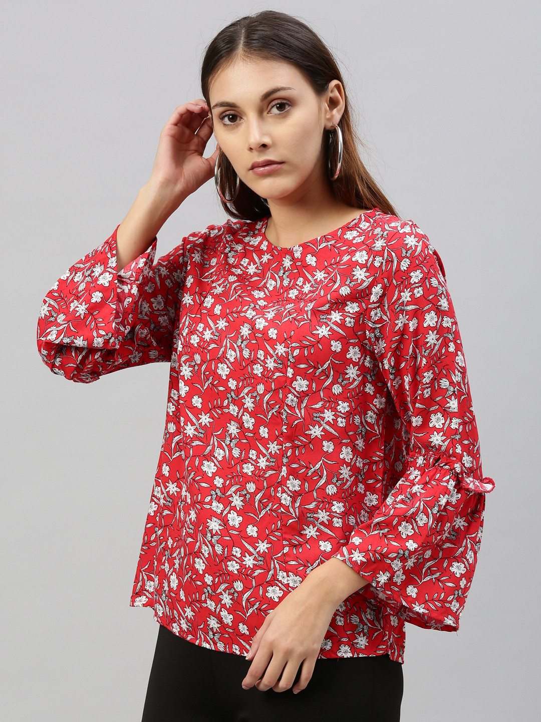 

HERE&NOW Women Red & White Floral Printed Top With Bell Sleeves