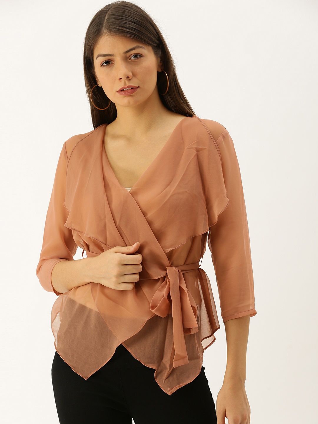 

MABISH by Sonal Jain Women Rust Pink Solid Sheer Ruffled Wrap Top