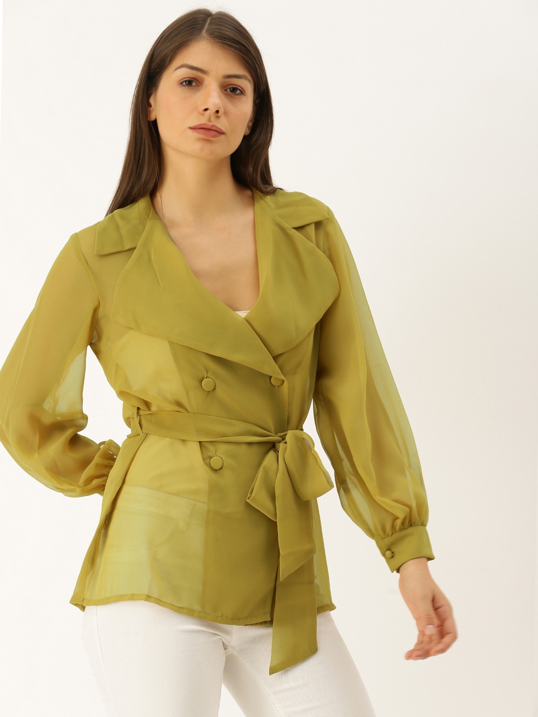 

MABISH by Sonal Jain Women Olive Green Solid Sheer Wrap Top