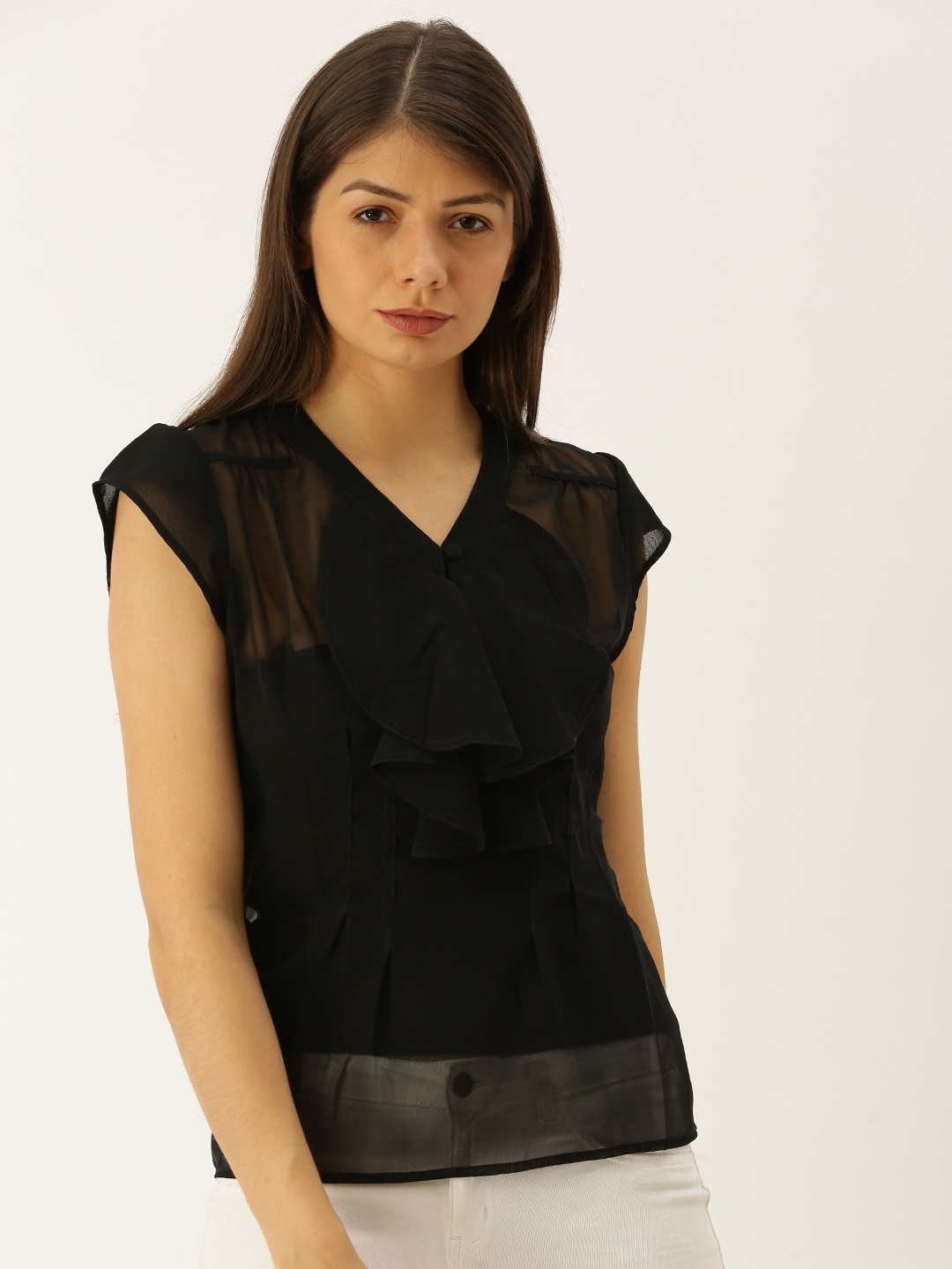 

MABISH by Sonal Jain Women Black Solid Frill Neck Sheer Top