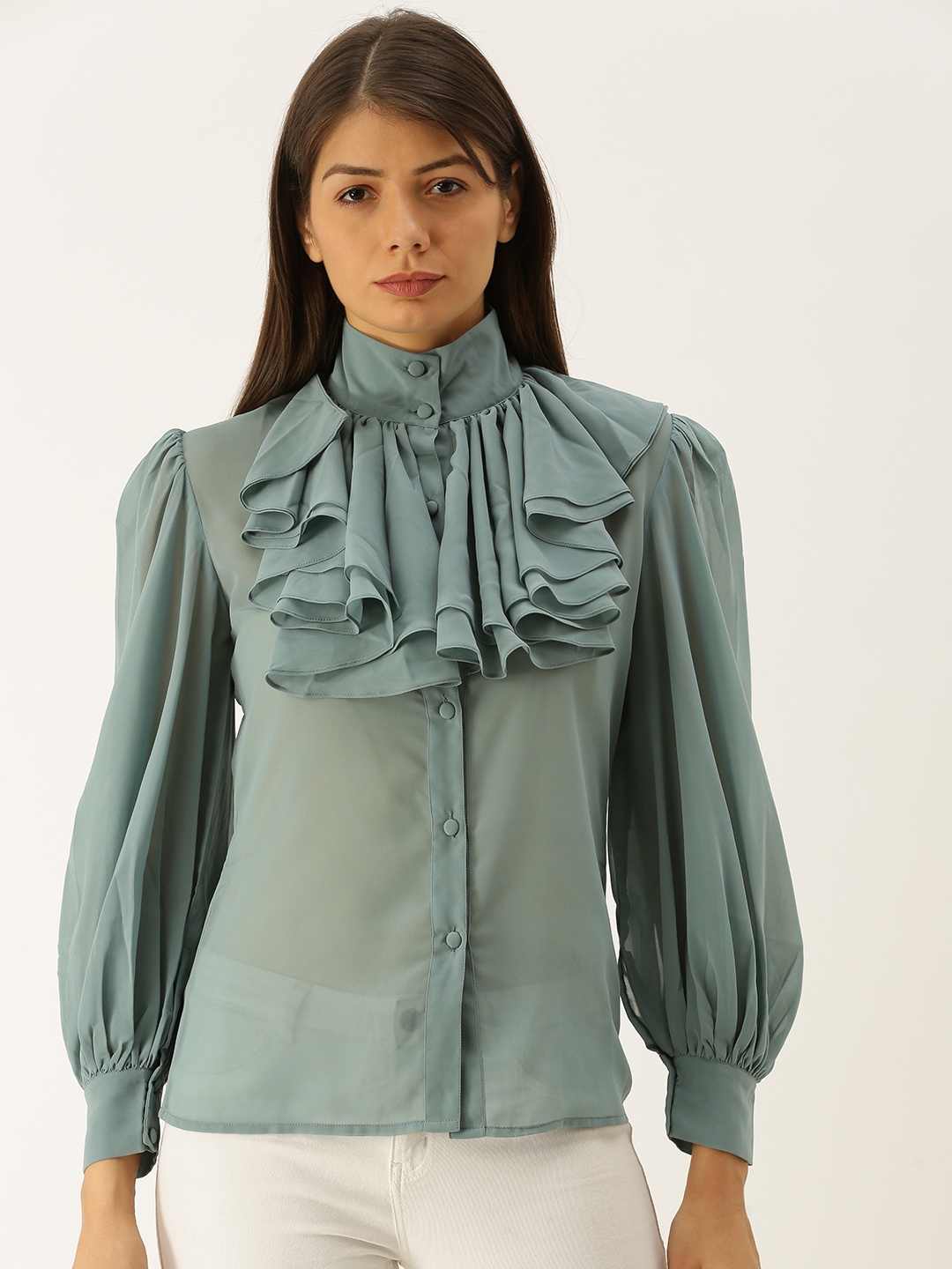 

MABISH by Sonal Jain Women Teal Green Solid Victorian Blouse with Ruffles