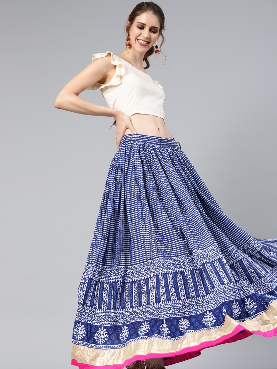 

Geroo Jaipur Blue Hand Block Printed Pure Cotton Skirt with White Crop Top, Off white