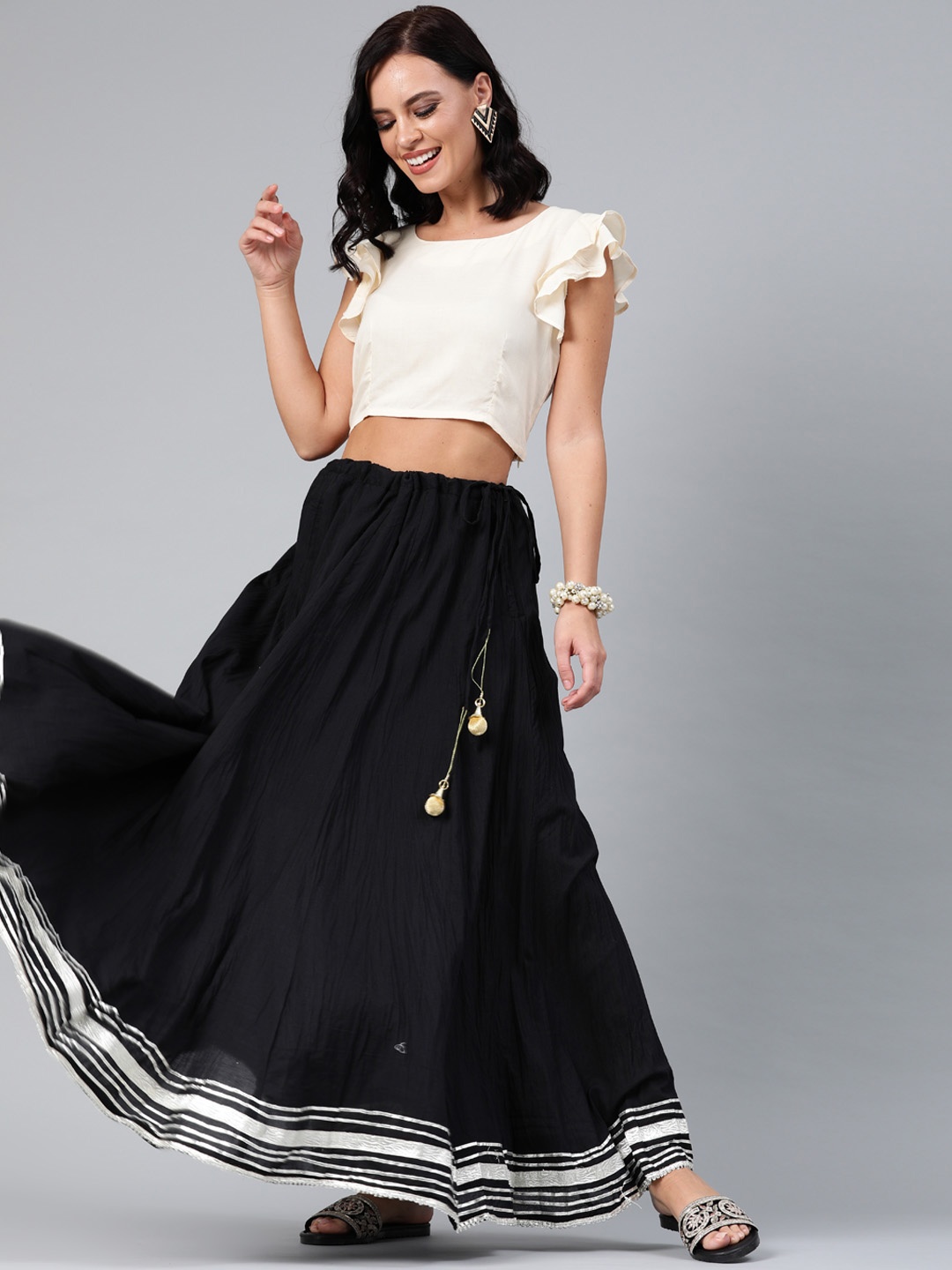 

Geroo Jaipur Hand Crafted flared Black Pure Cotton Skirt with White Crop Top