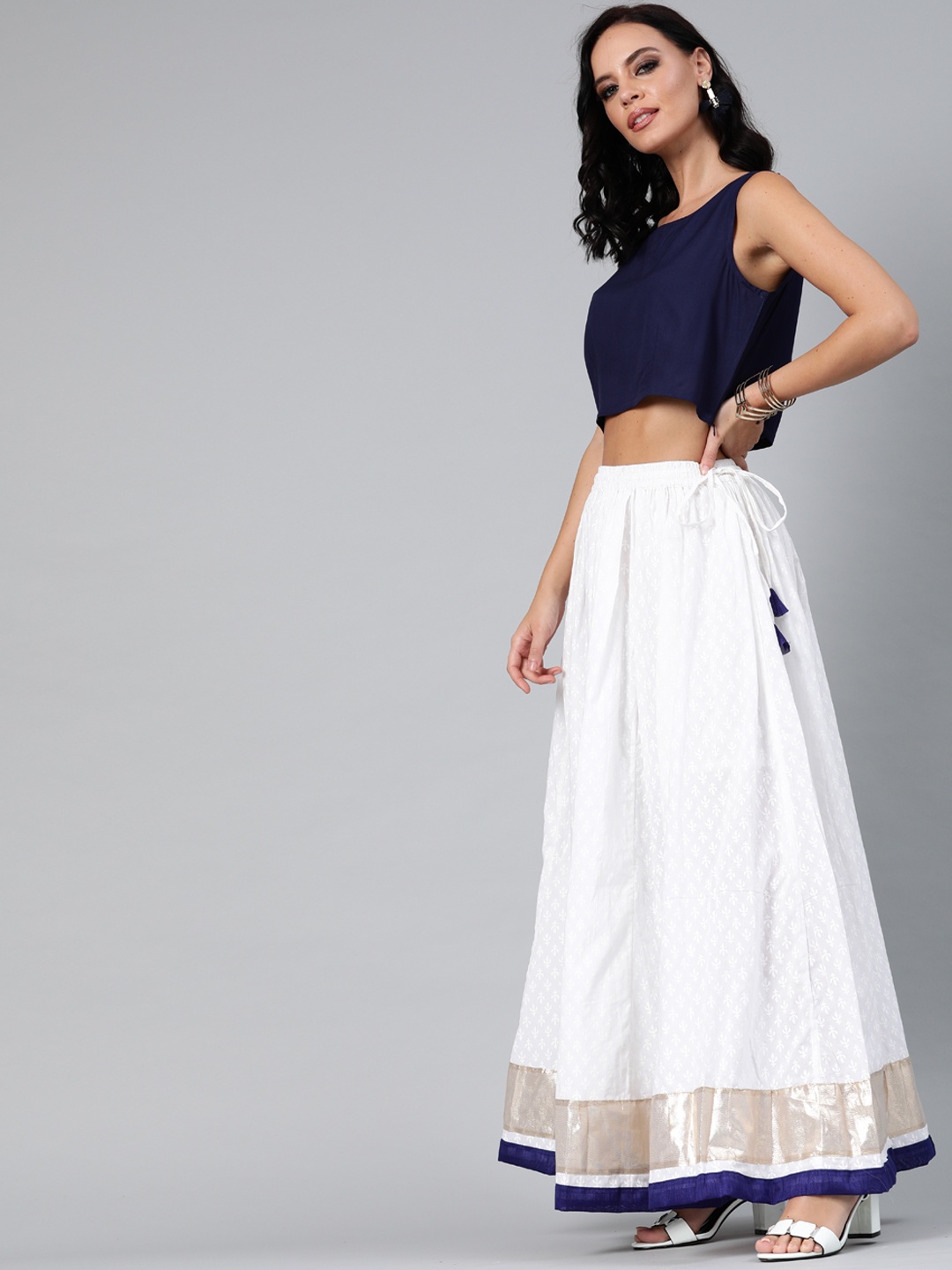 

Geroo Jaipur White Pure Cotton long Skirt with Navy Blue Crop Top