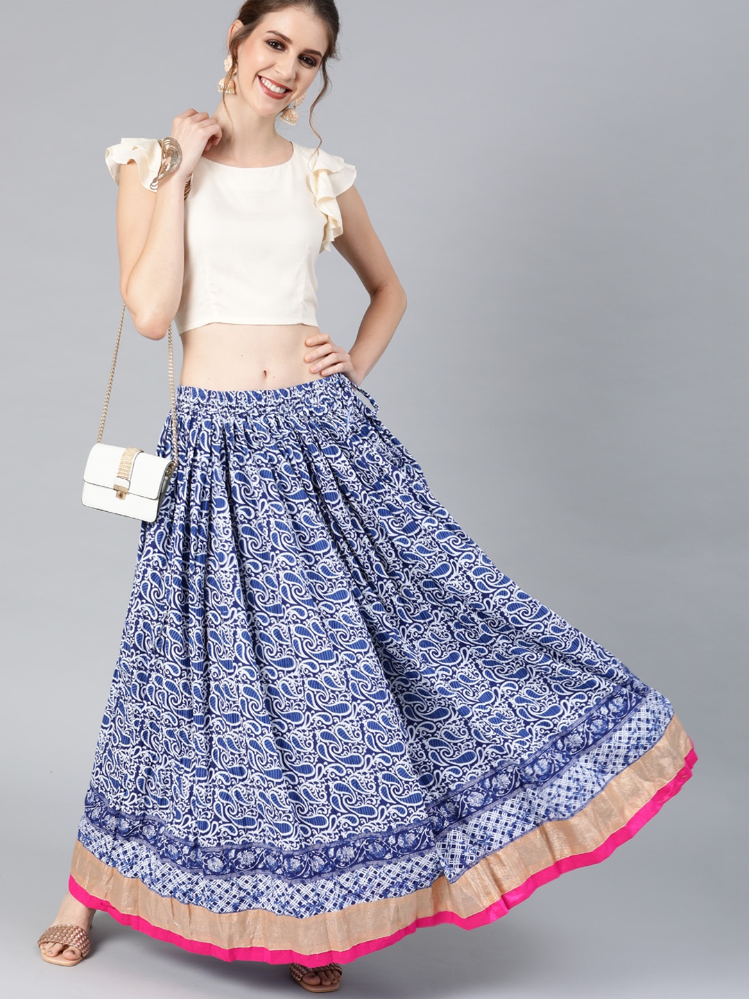 

Geroo Jaipur Blue Hand Block Printed Pure Cotton Skirt with White Crop Top, Off white