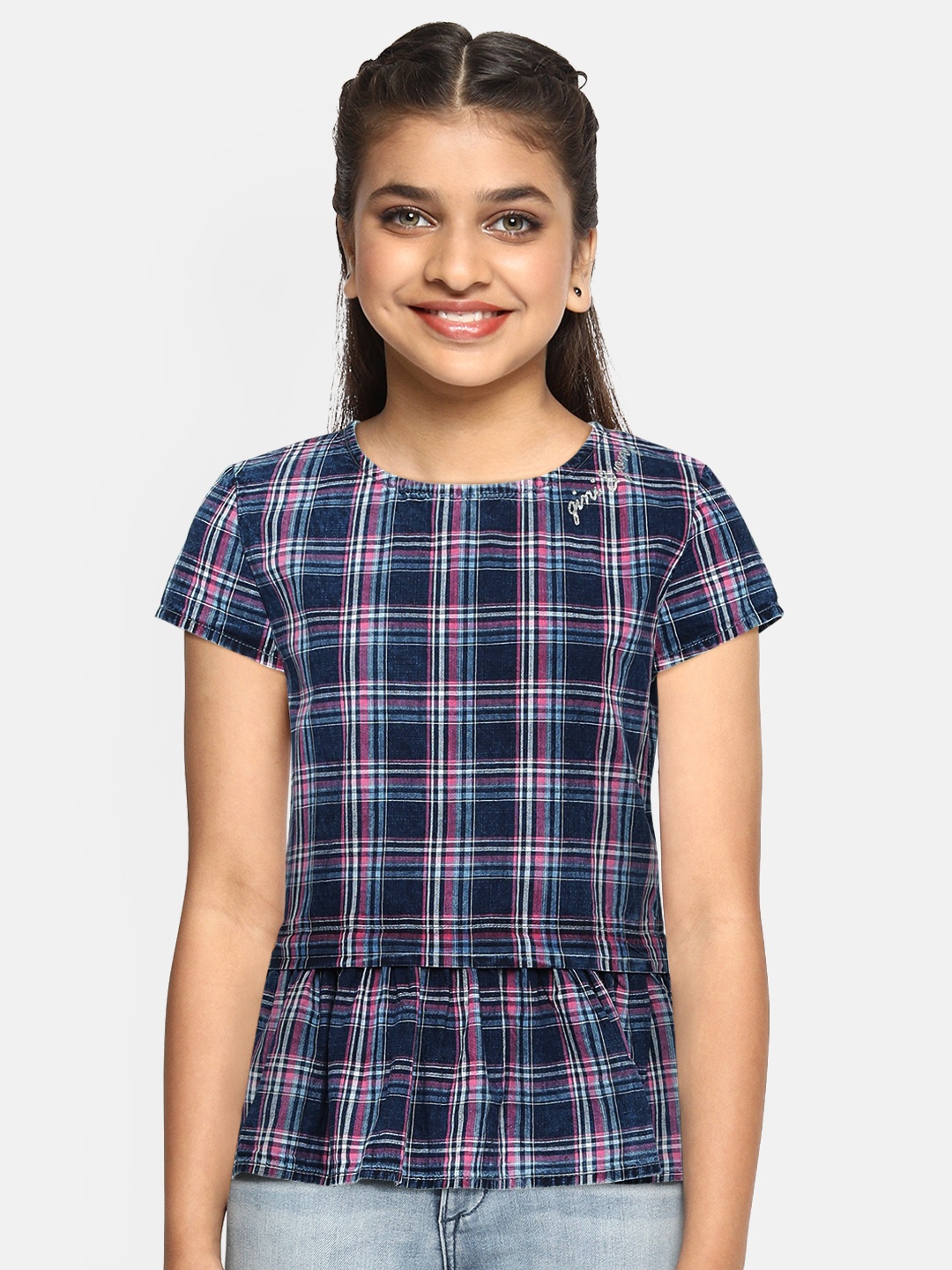 

Gini and Jony Girls Navy Blue Checked Peplum Top