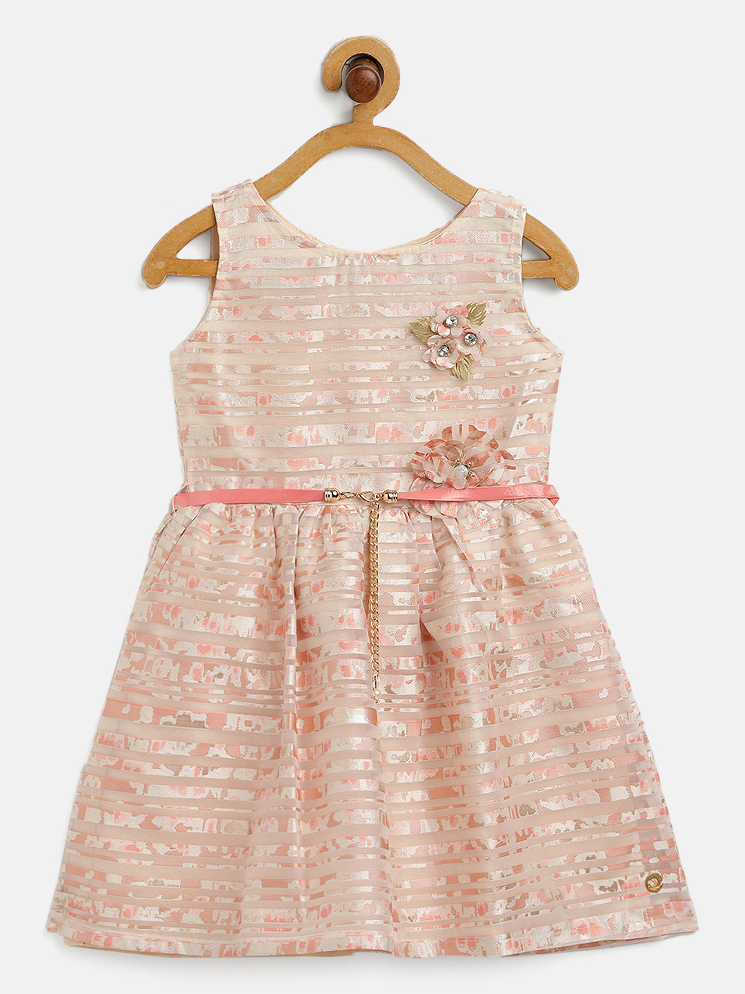 

Gini and Jony Girls Peach-Coloured Sheen Striped Fit & Flare Dress with Belt