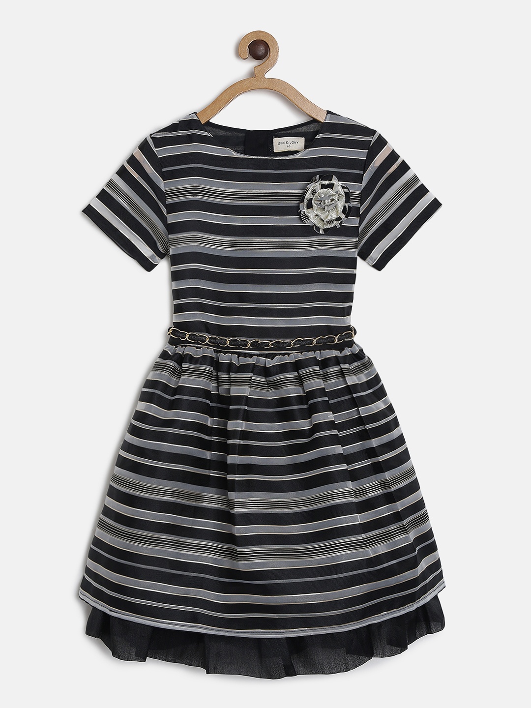 

Gini and Jony Girls Black & Grey Striped Fit and Flare Dress