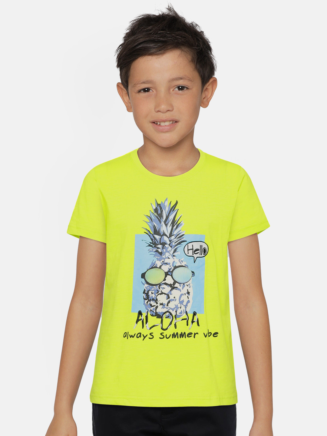 

Gini and Jony Boys Lime Green Printed Round Neck Pure Cotton T-shirt