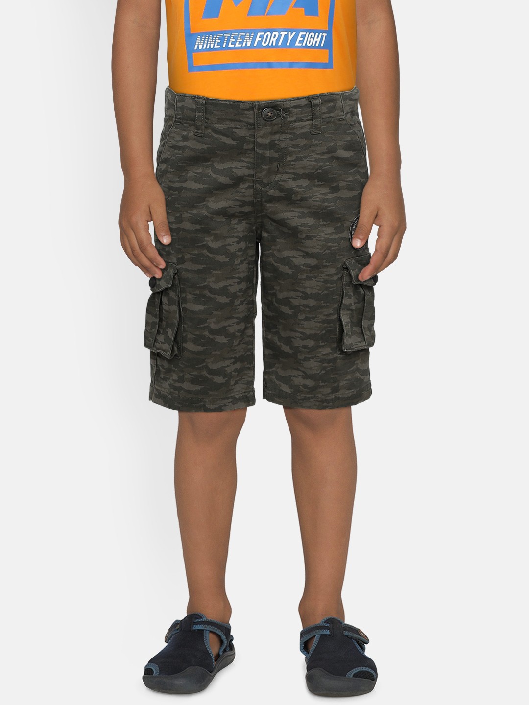 

Gini and Jony Boys Olive Green Camouflage Printed Classic Regular Fit Cargo Shorts