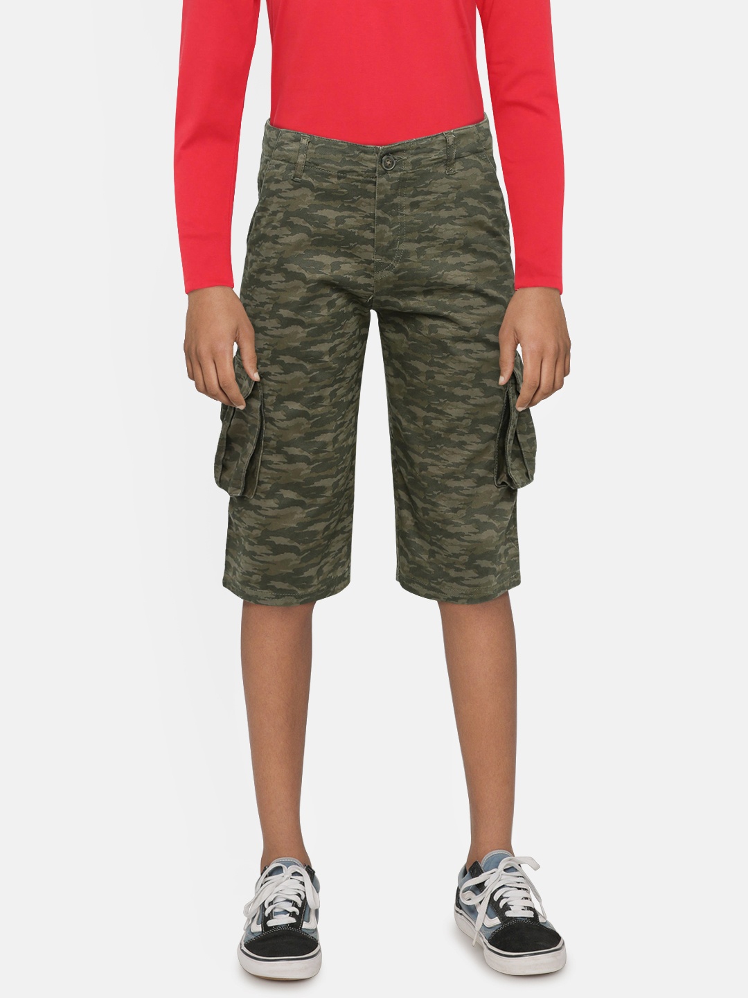 

Gini and Jony Boys Olive Green Printed Classic Fit Cargo Shorts