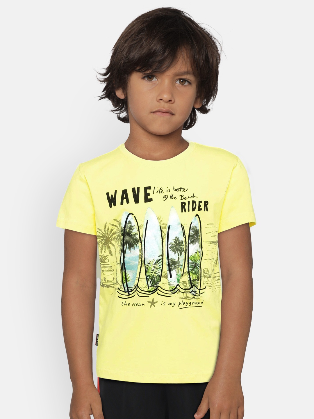 

Gini and Jony Boys Yellow Printed Round Neck T-shirt