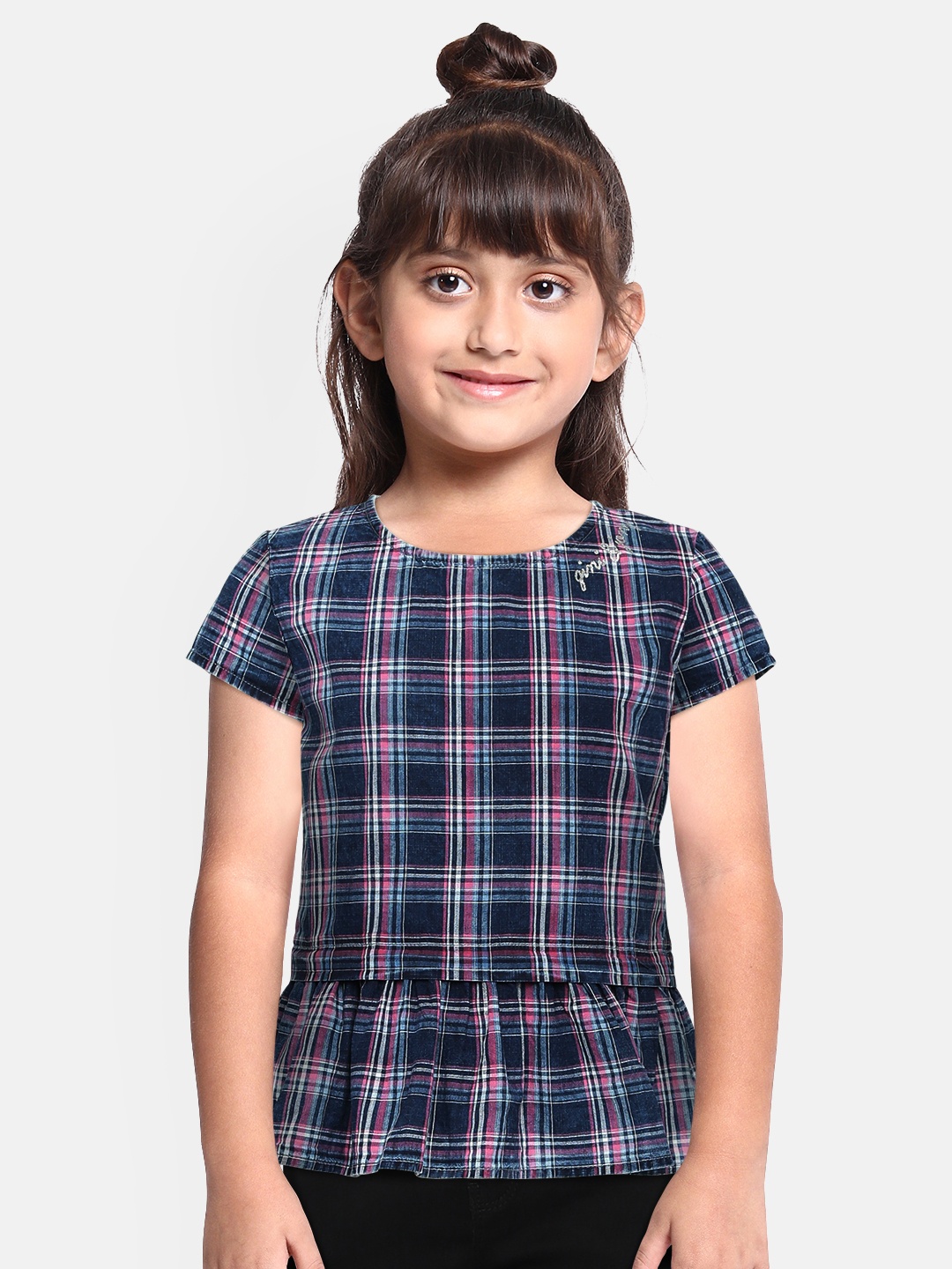 

Gini and Jony Girls Navy Blue Checked Peplum Pure Cotton Top