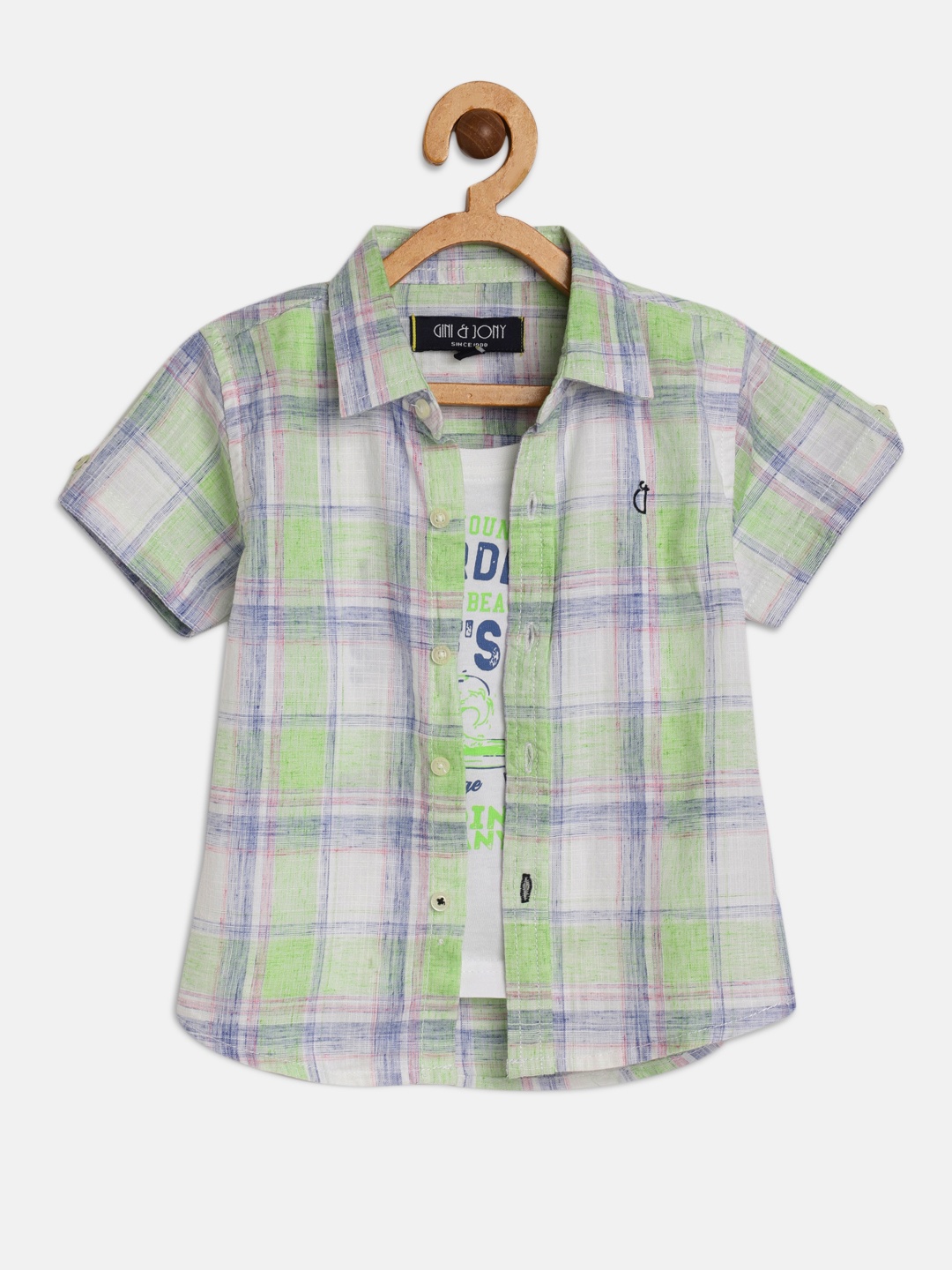 

Gini and Jony Boys White & Green Regular Fit Checked Casual Shirt