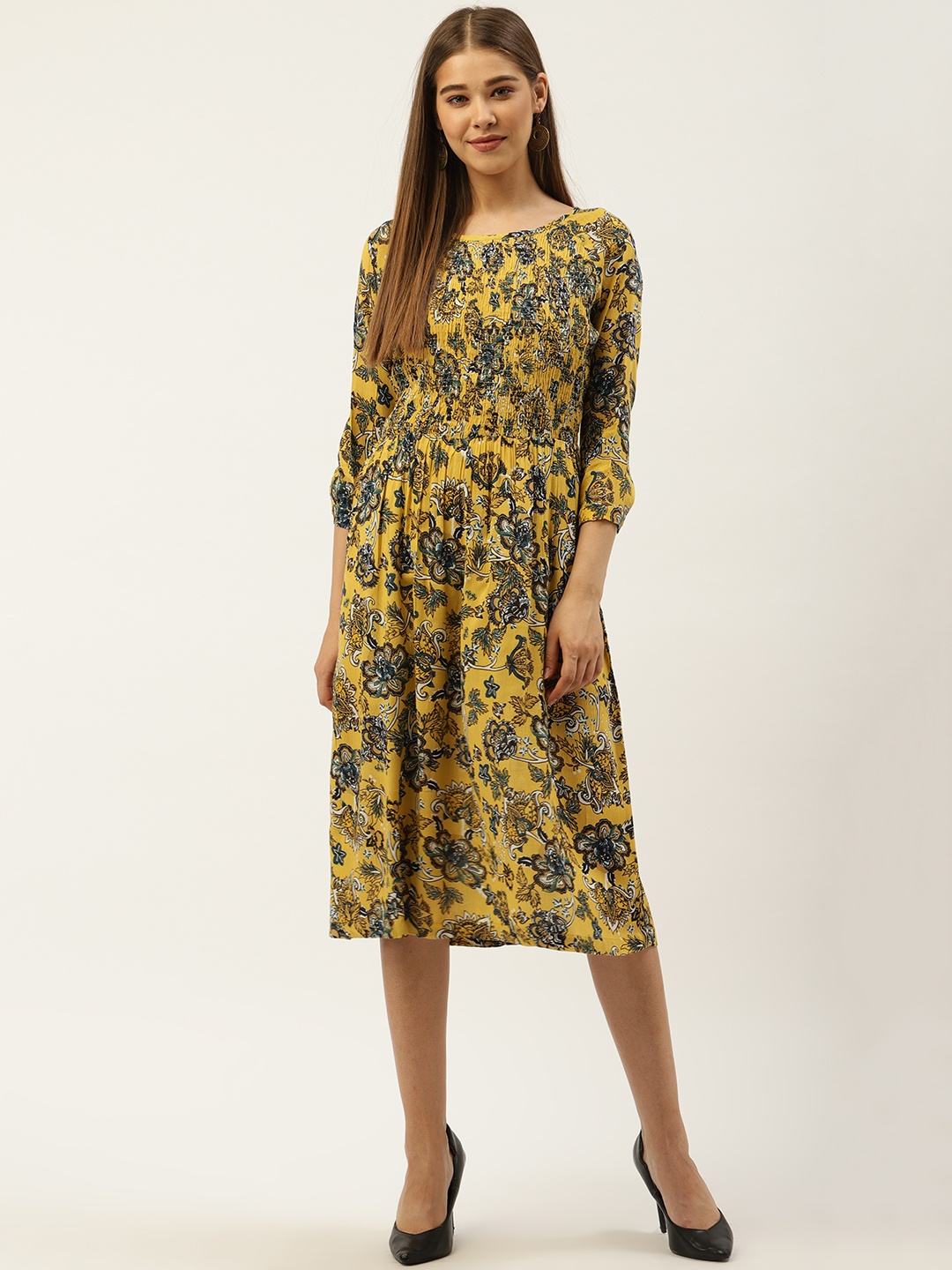 

An Episode Women Yellow & Teal Blue Printed A-Line Dress