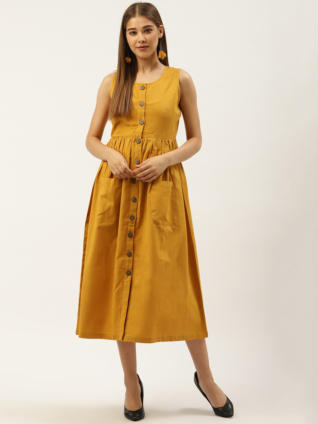 

An Episode Women Mustard Yellow Solid A-Line Dress