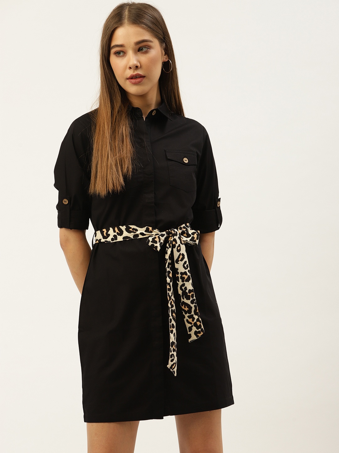 

An Episode Women Black Solid Shirt Dress with Printed Belt