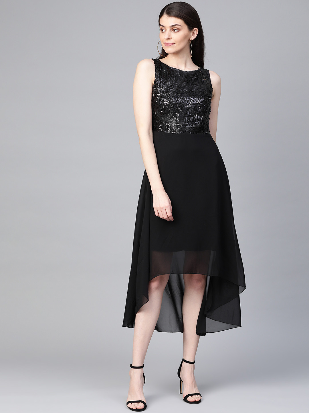 

VARUSHKA Women Black Sequinned High-Low Maxi Dress