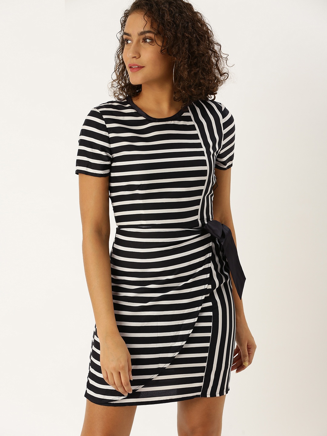 

DODO & MOA Women Black & White Striped Sheath Dress With Tie-Ups