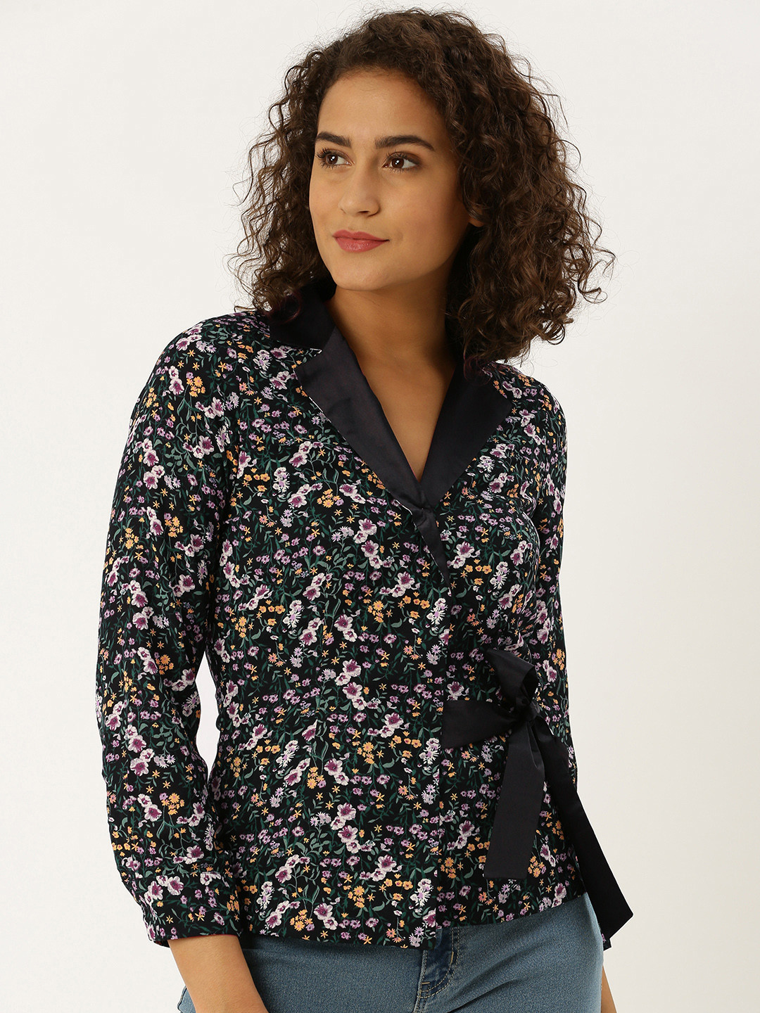 

DODO & MOA Women Black & Lavender Printed Wrap Top With Tie Up