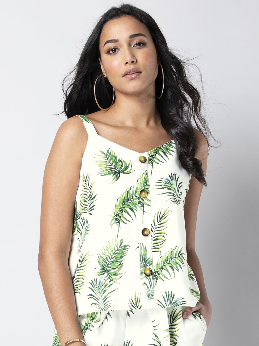 

FabAlley Women White & Green Printed A-Line Top