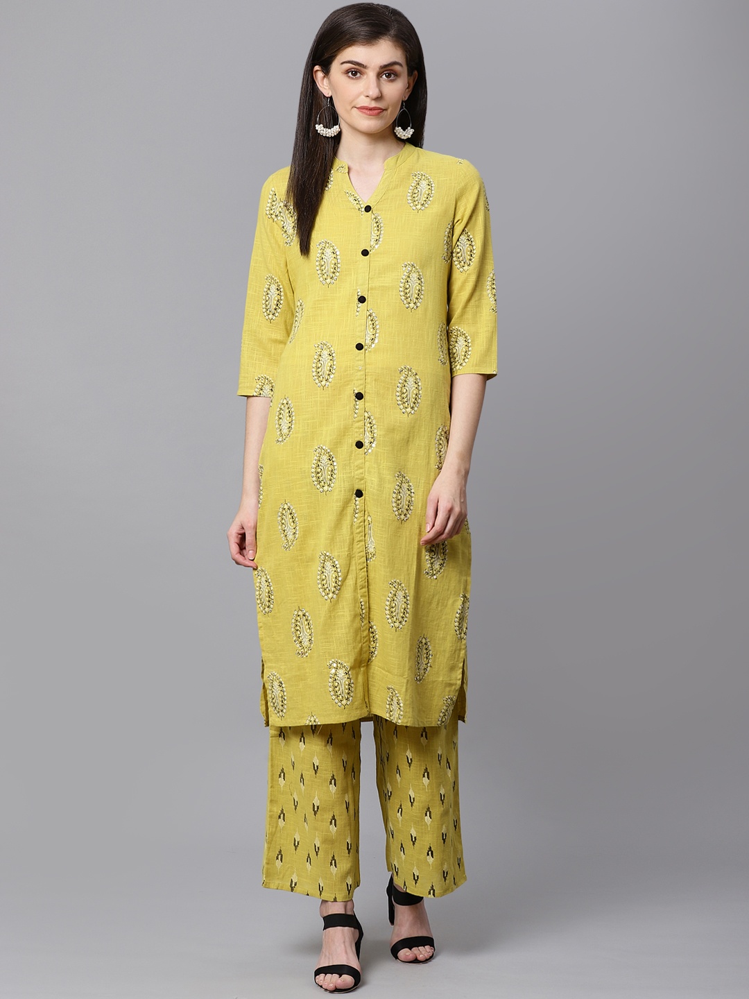 

Kifahari Women Mustard Yellow & Black Printed Kurta with Palazzos