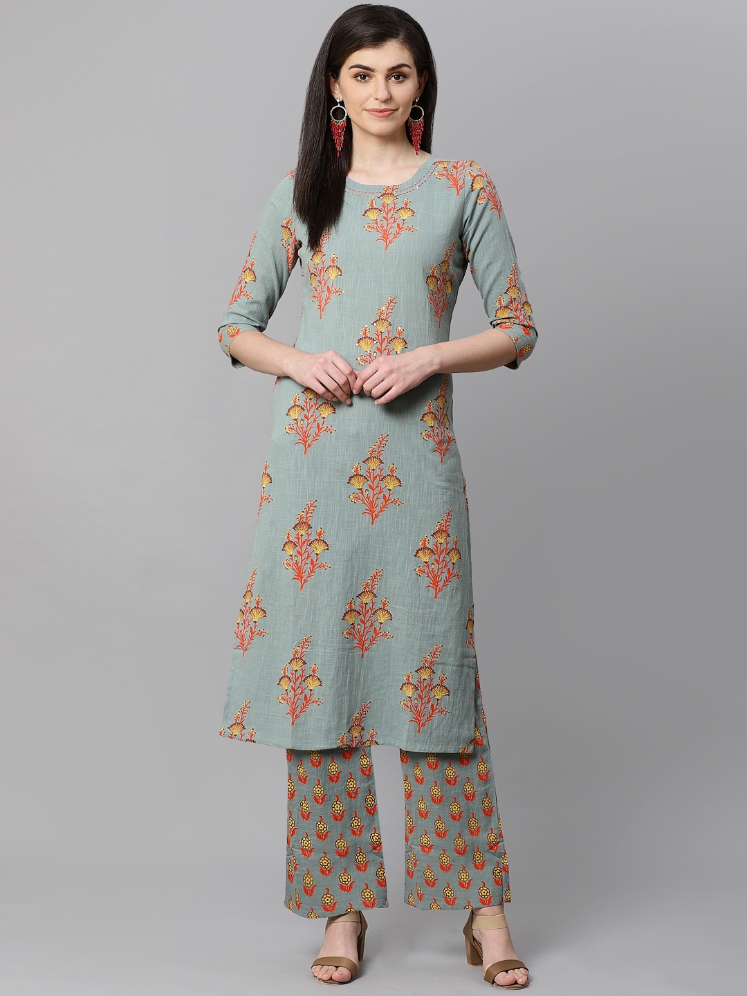 

Kifahari Women Grey & Orange Printed Kurta with Palazzos