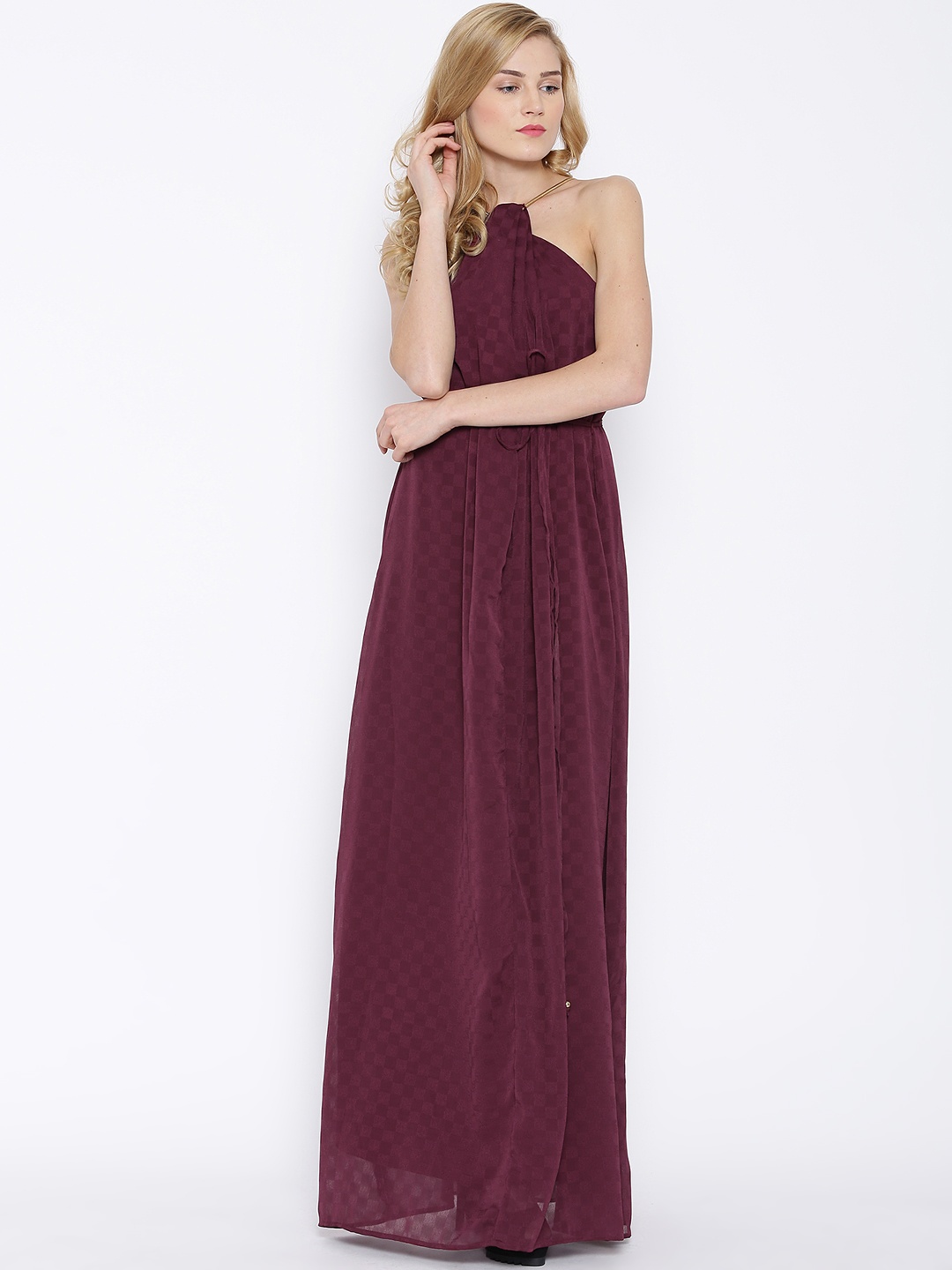 

Tolkyo Talkies Burgundy Self-Checked Halter-Neck Maxi Dress