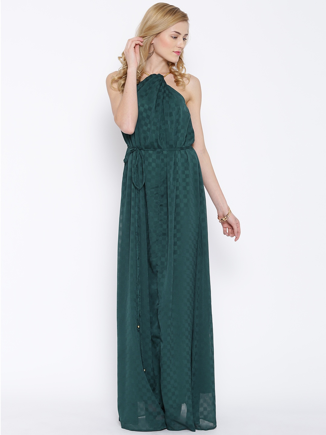 

Tolkyo Talkies Green Self-Checked Halter-Neck Maxi Dress