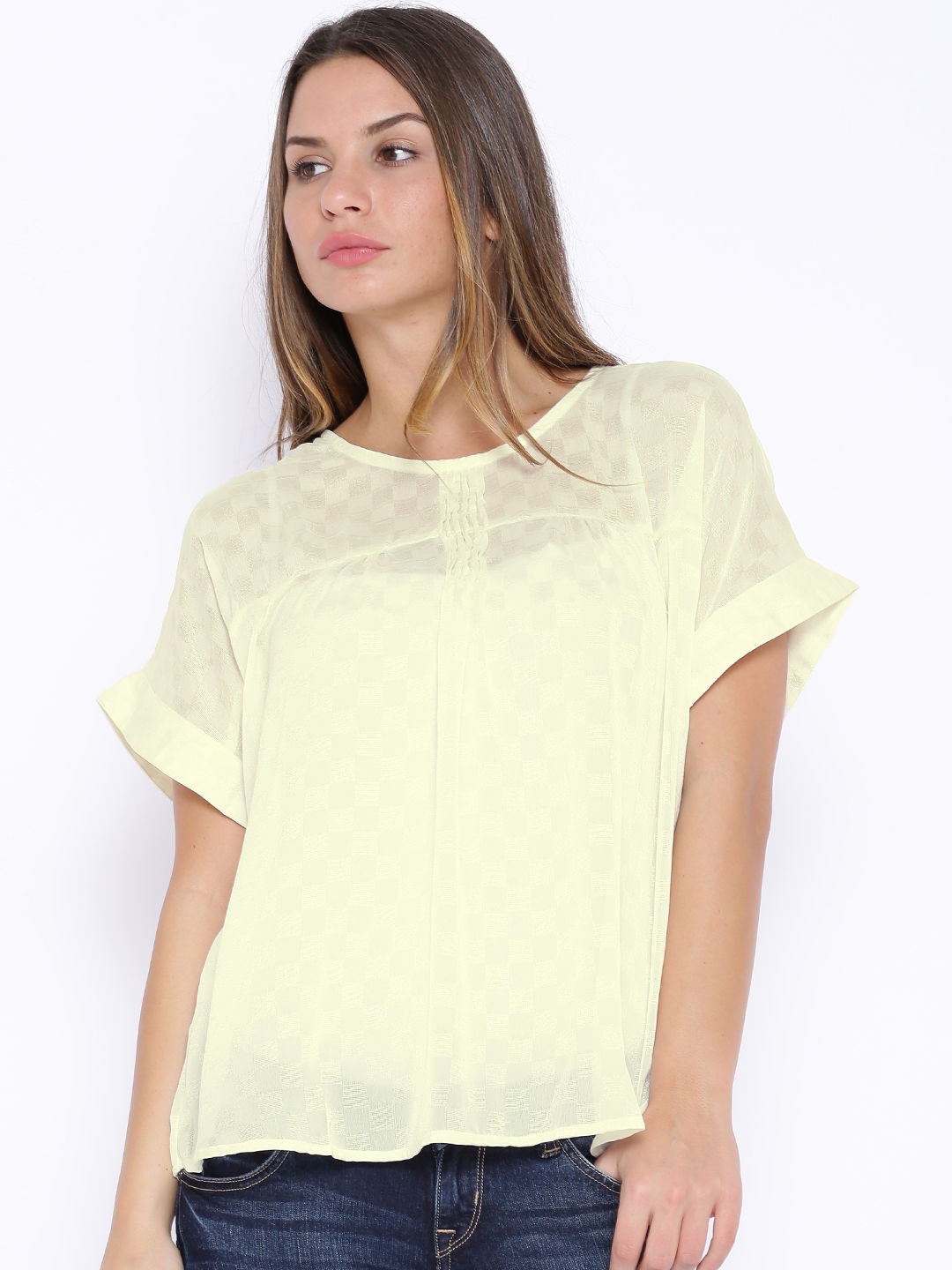 

Tokyo Talkies Off-White Sheer Boxy Polyester Top