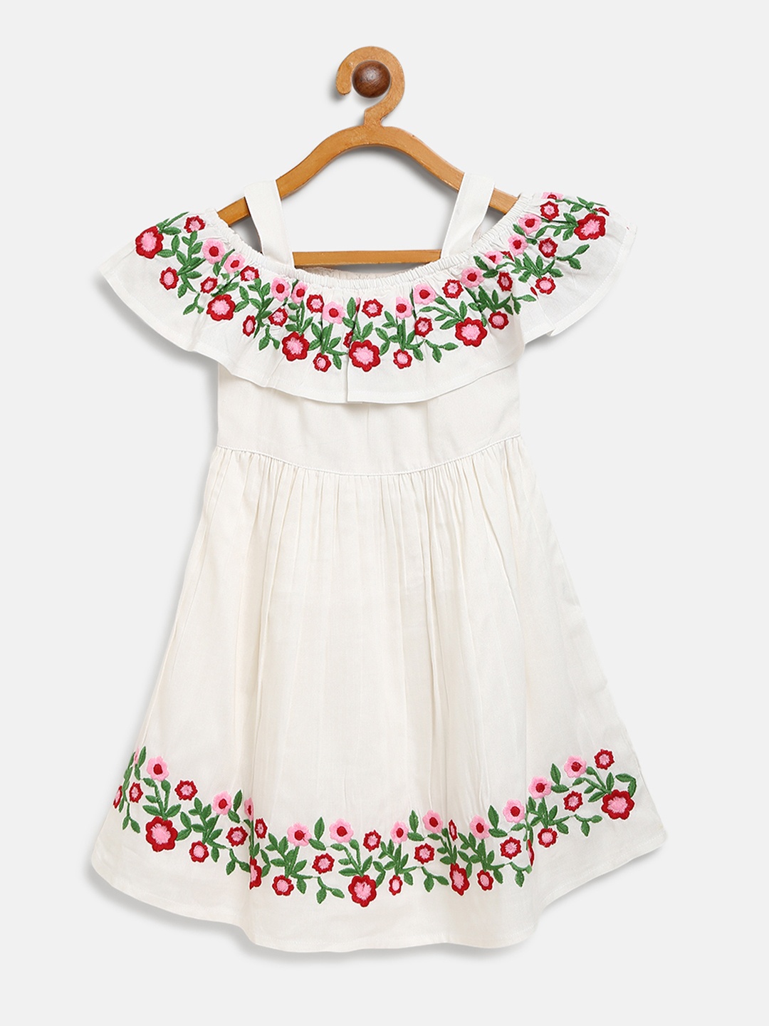 

Bella Moda Girls Off-White & Green Floral Embroidered A-Line Dress