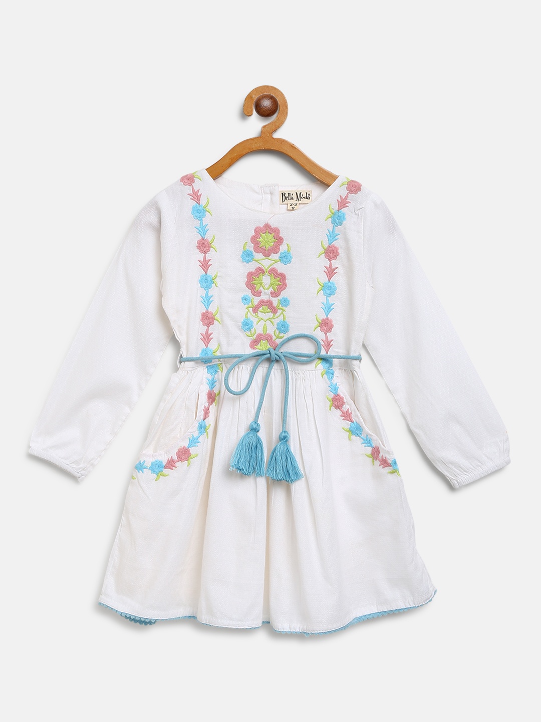 

Bella Moda Girls White & Blue Floral Embroidered A-Line Dress with Belt