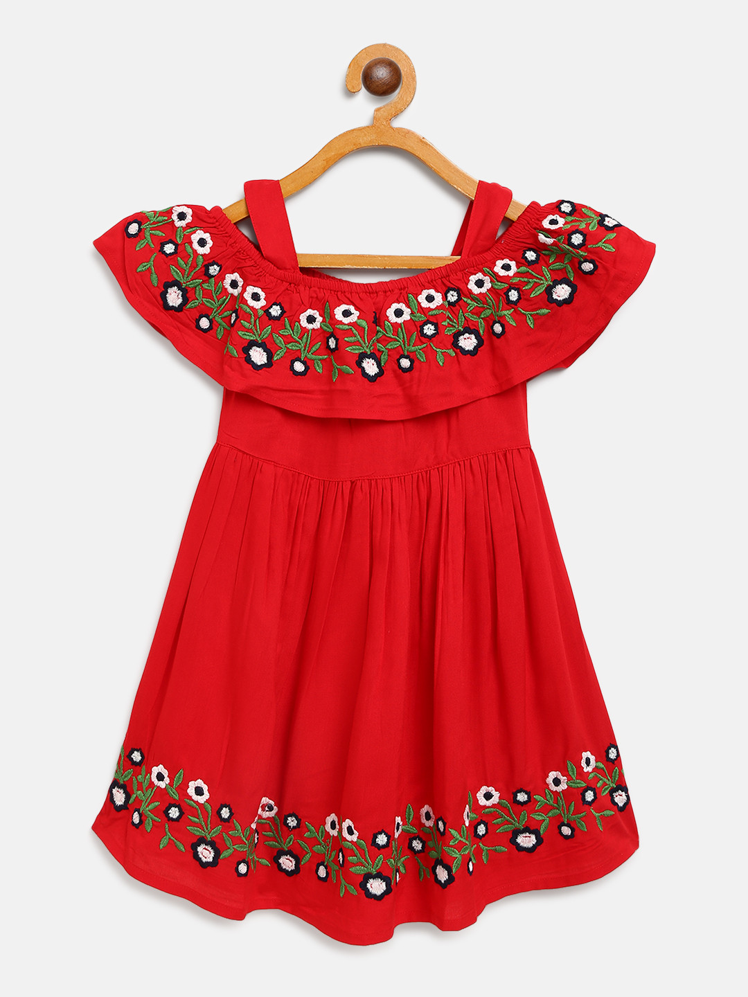 

Bella Moda Girls Red Floral Hand Embroidered Fit & Flare Dress