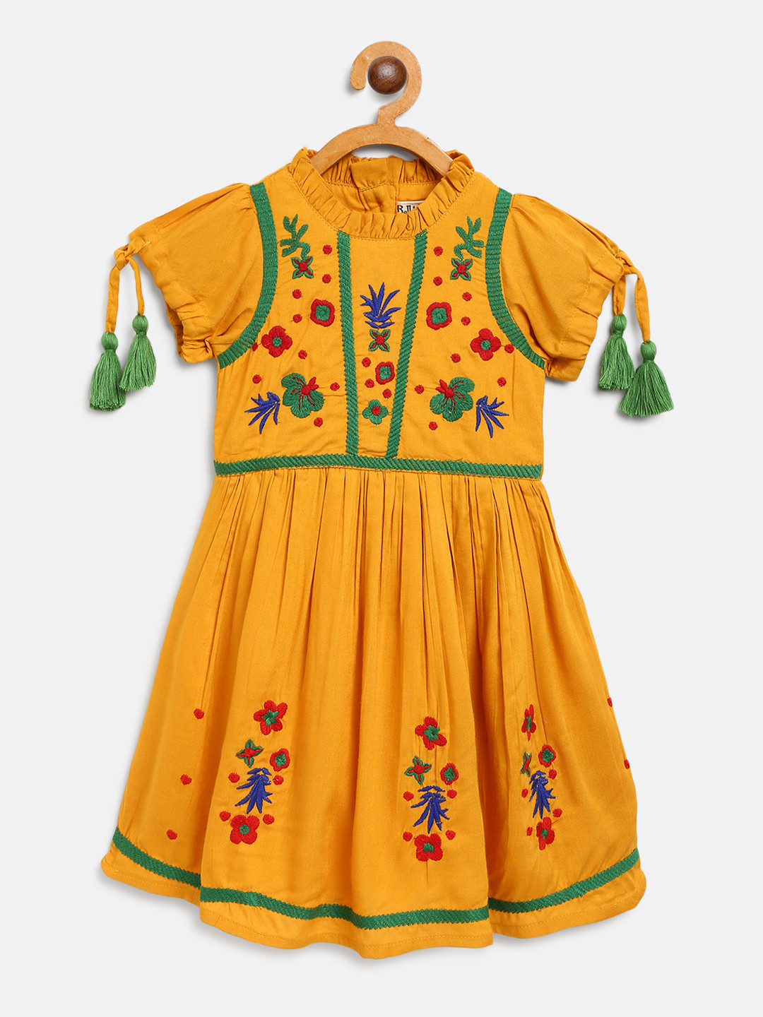 

Bella Moda Girls Mustard Yellow & Green Floral Embroidered A-Line Dress
