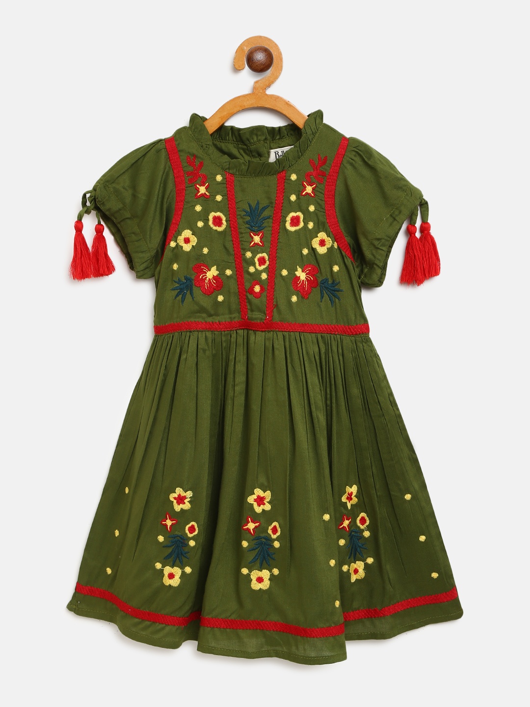 

Bella Moda Girls Olive Green & Yellow Floral Embroidered Fit & Flare Dress